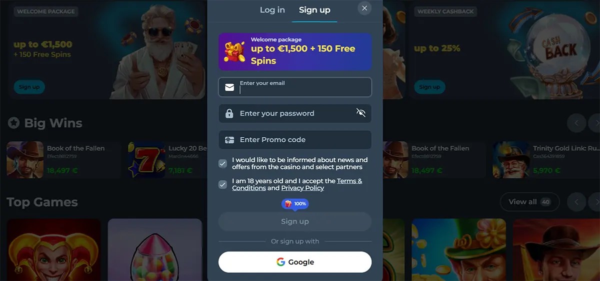 Sign-up form showing welcome package up to €1,500 + 150 free spins with fields for email, password, promo code and Google registration option.