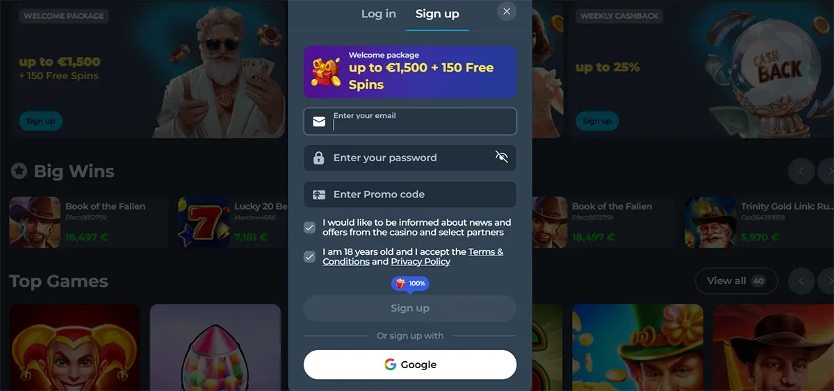 Sign-up form showing welcome package up to €1,500 + 150 free spins with fields for email, password, promo code and Google registration option.