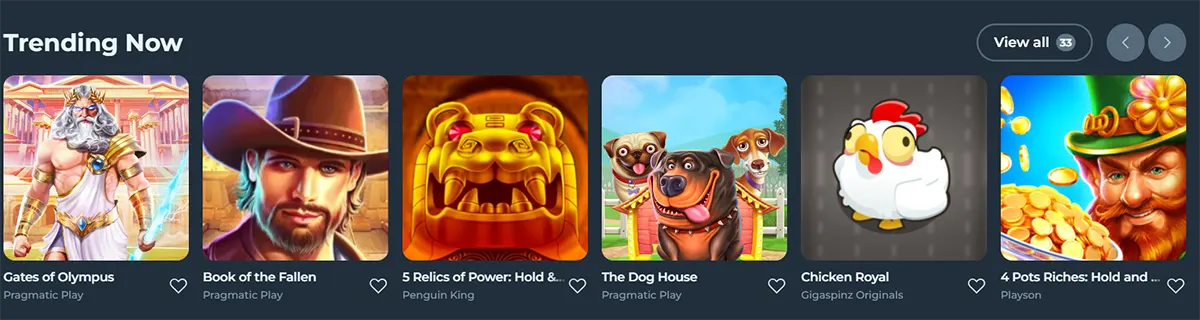 Trending Now games including Gates of Olympus, Book of the Fallen, 5 Relics of Power, The Dog House, Chicken Royal, and 4 Pots Riches displayed in a casino game carousel.