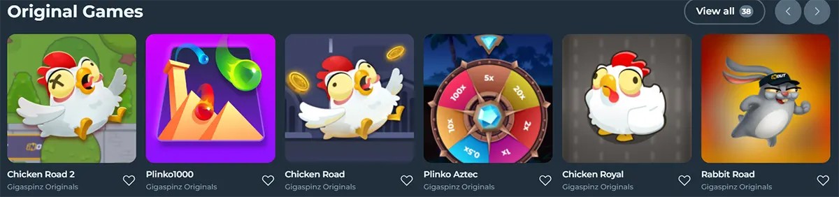 Original Games section displaying titles like Chicken Road 2, Plinko1000, Chicken Road, Plinko Aztec, Chicken Royal, and Rabbit Road from Gigaspinz Originals.
