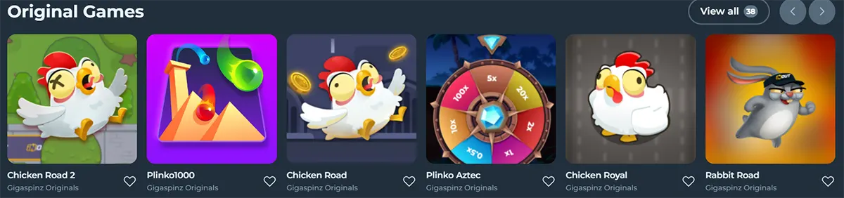 Original Games section displaying titles like Chicken Road 2, Plinko1000, Chicken Road, Plinko Aztec, Chicken Royal, and Rabbit Road from Gigaspinz Originals.
